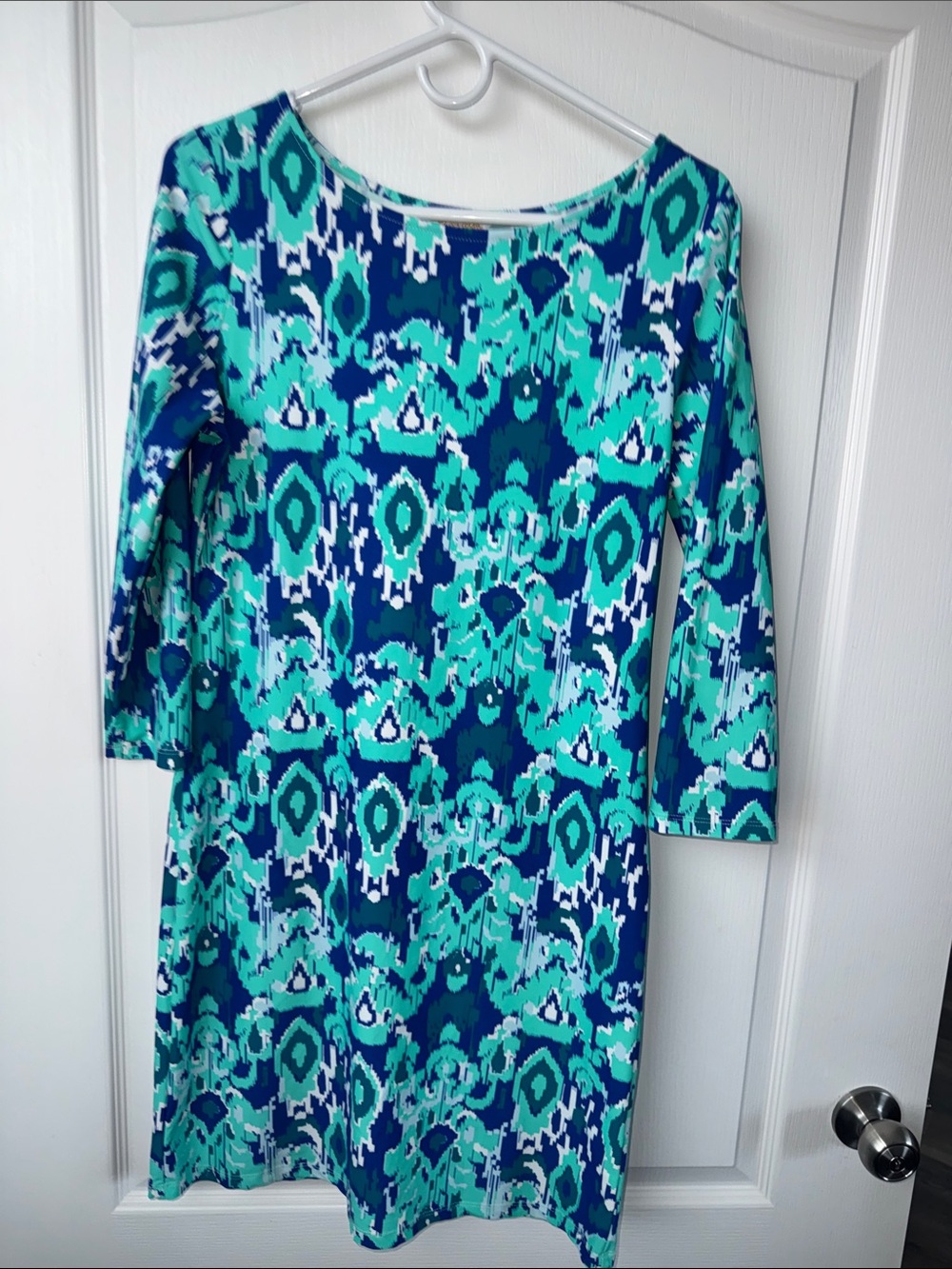 All for color - Women’s Teal & Navy Printed Boatneck Dress M